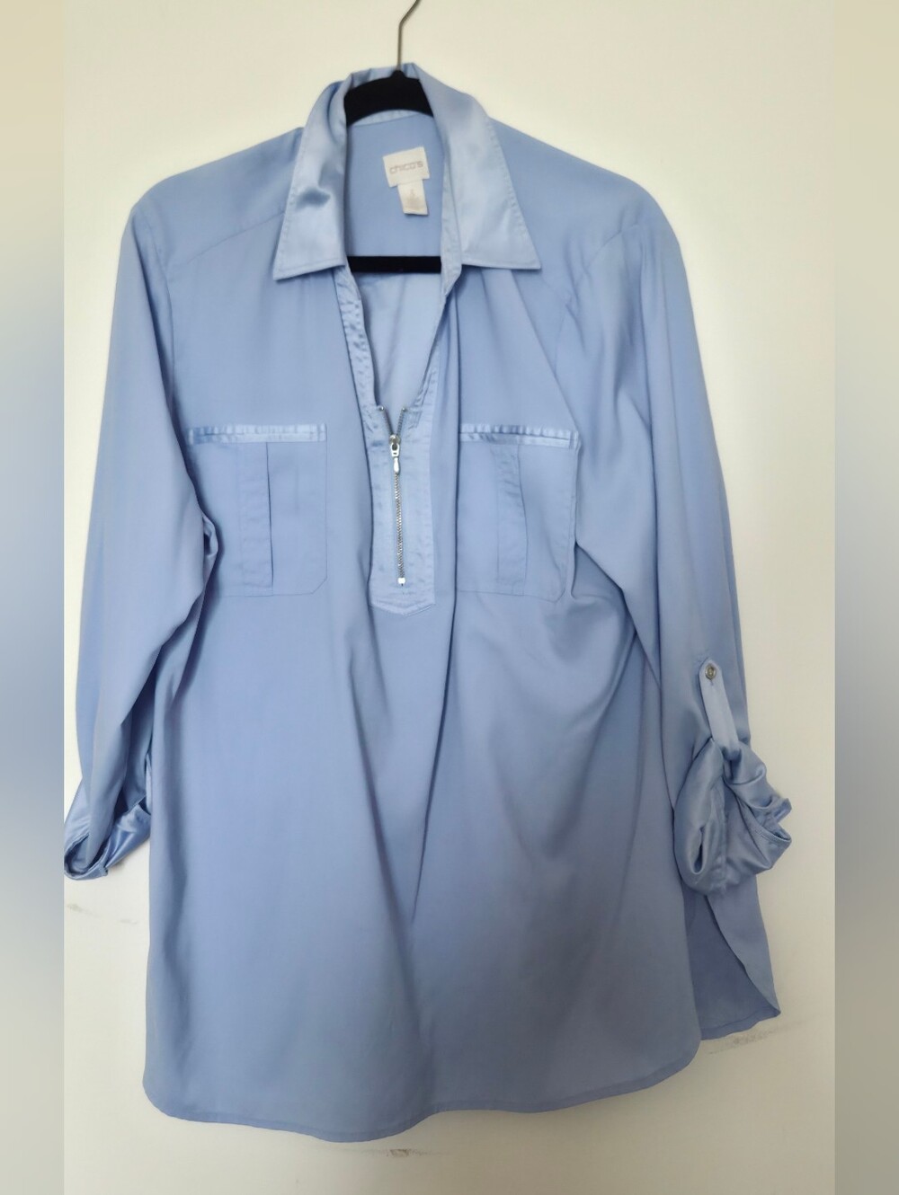 Chicos Size 3 Light Blue Zip-Front Tunic Blouse